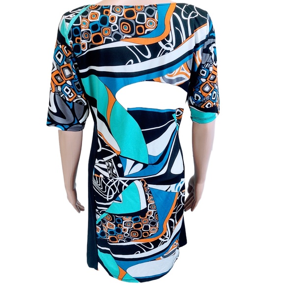 EUC KATHERINE BARCLAY GEOMETRIC BLACK/WHITE/GREEN POLY/SPANDEX SHEATH DRESS S/P - Picture 2 of 8